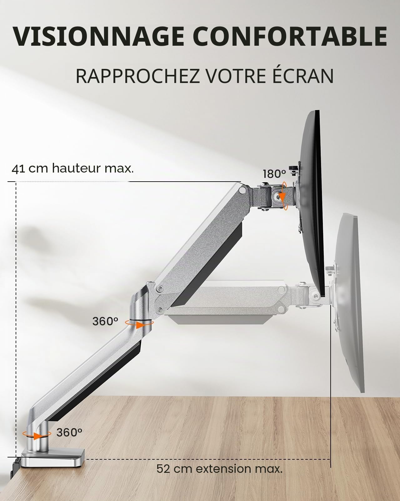 ErGear bras support écran PC 13-32" argent réglable gaz