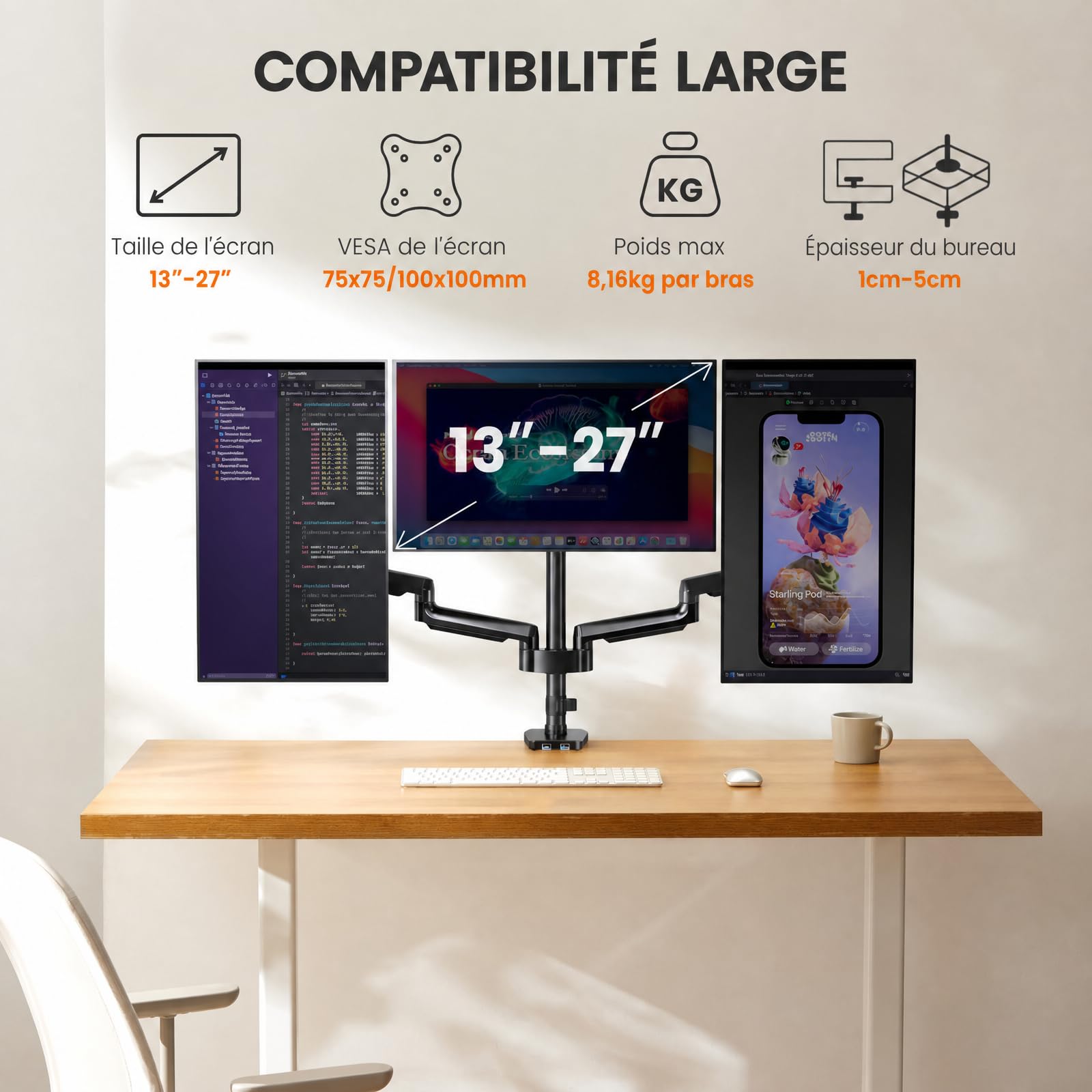 ErGear Monitor Mounts support 3 écrans 13-27" USB VESA