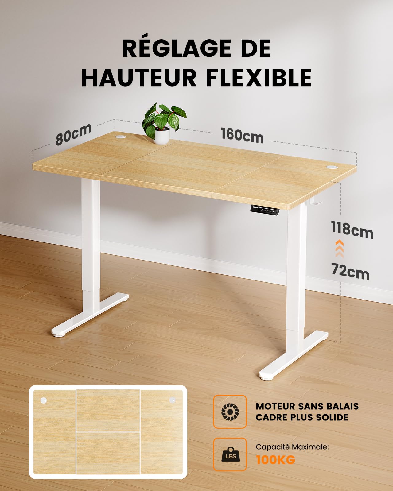 ErGear Electric Standing Desks bureau assis debout 160x80 naturel 100 kg