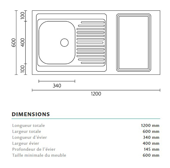 MOBIKA Réfectoire Évier kitchenette 120x60 cm 1 cuve plaques