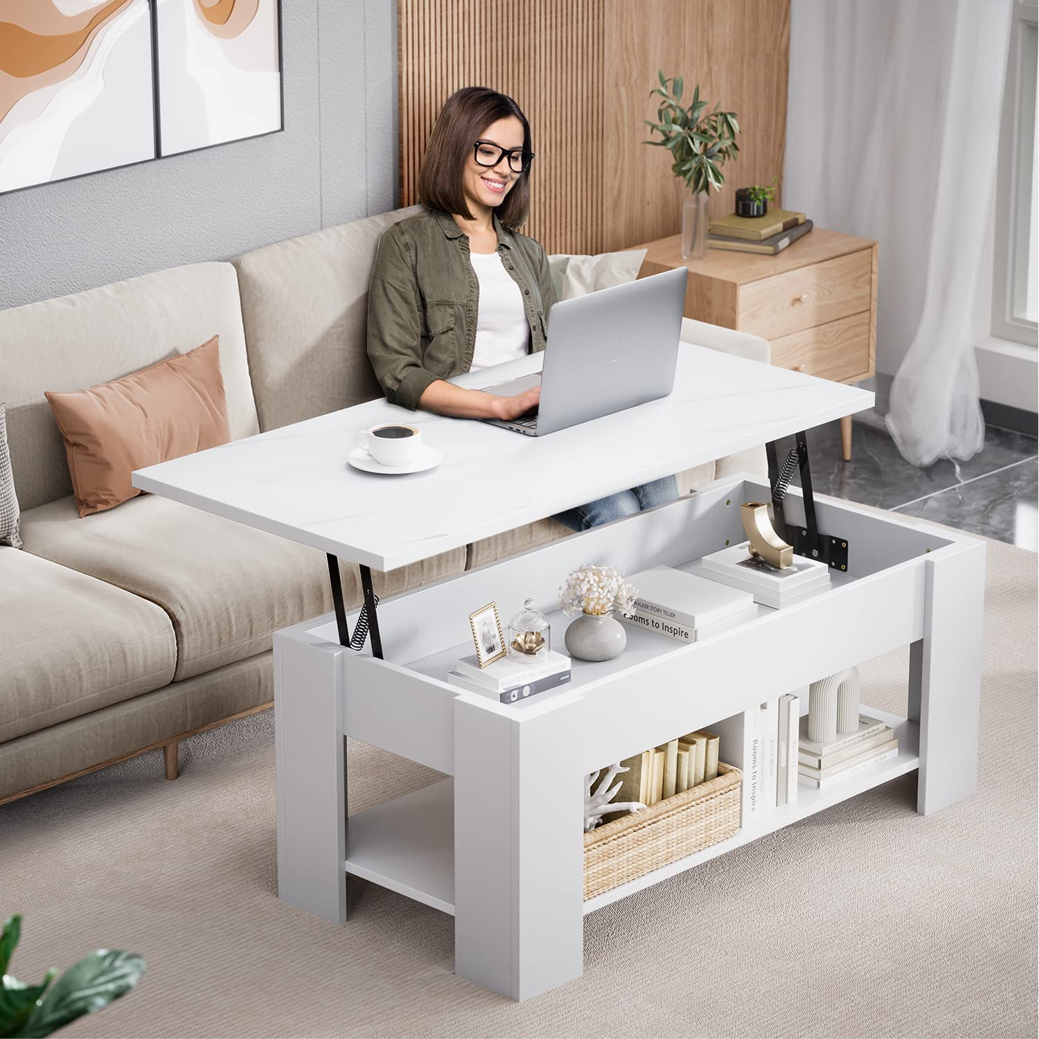 Noblewell COFFEE TABLE table basse blanche plateau relevable