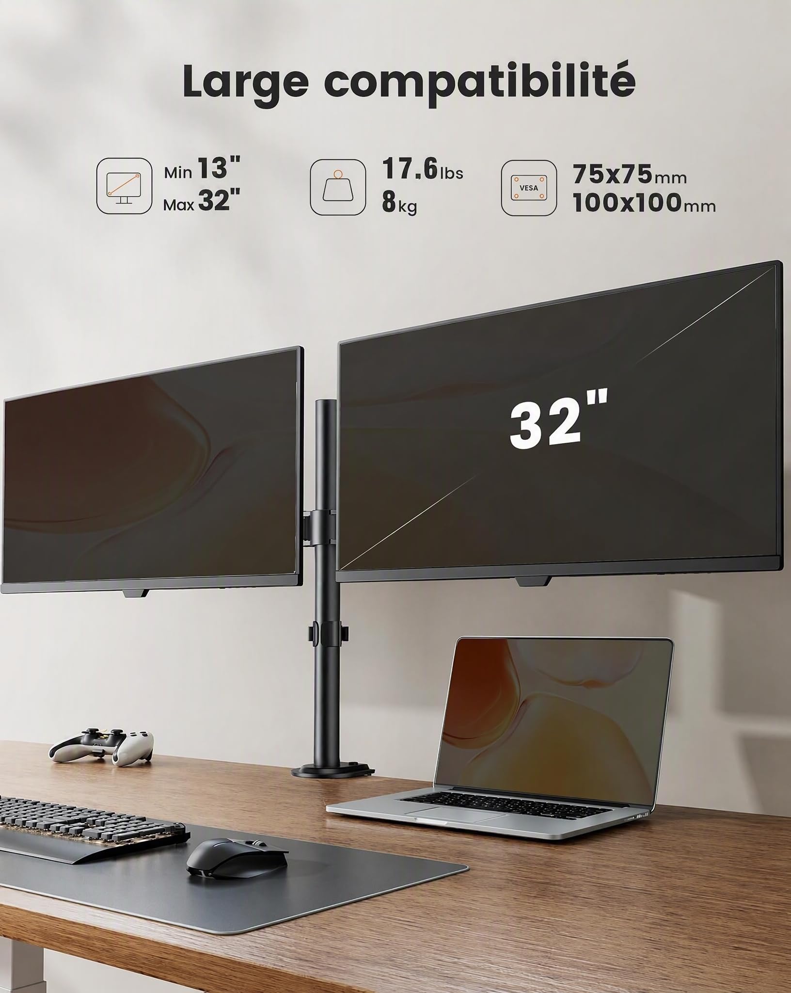 ErGear Monitor Mounts support écran PC noir 2x32 pouces
