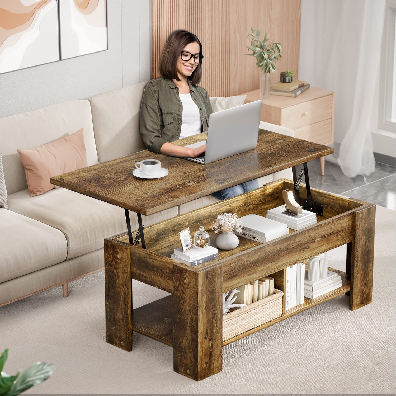 Noblewell COFFEE TABLE table basse marron plateau relevable