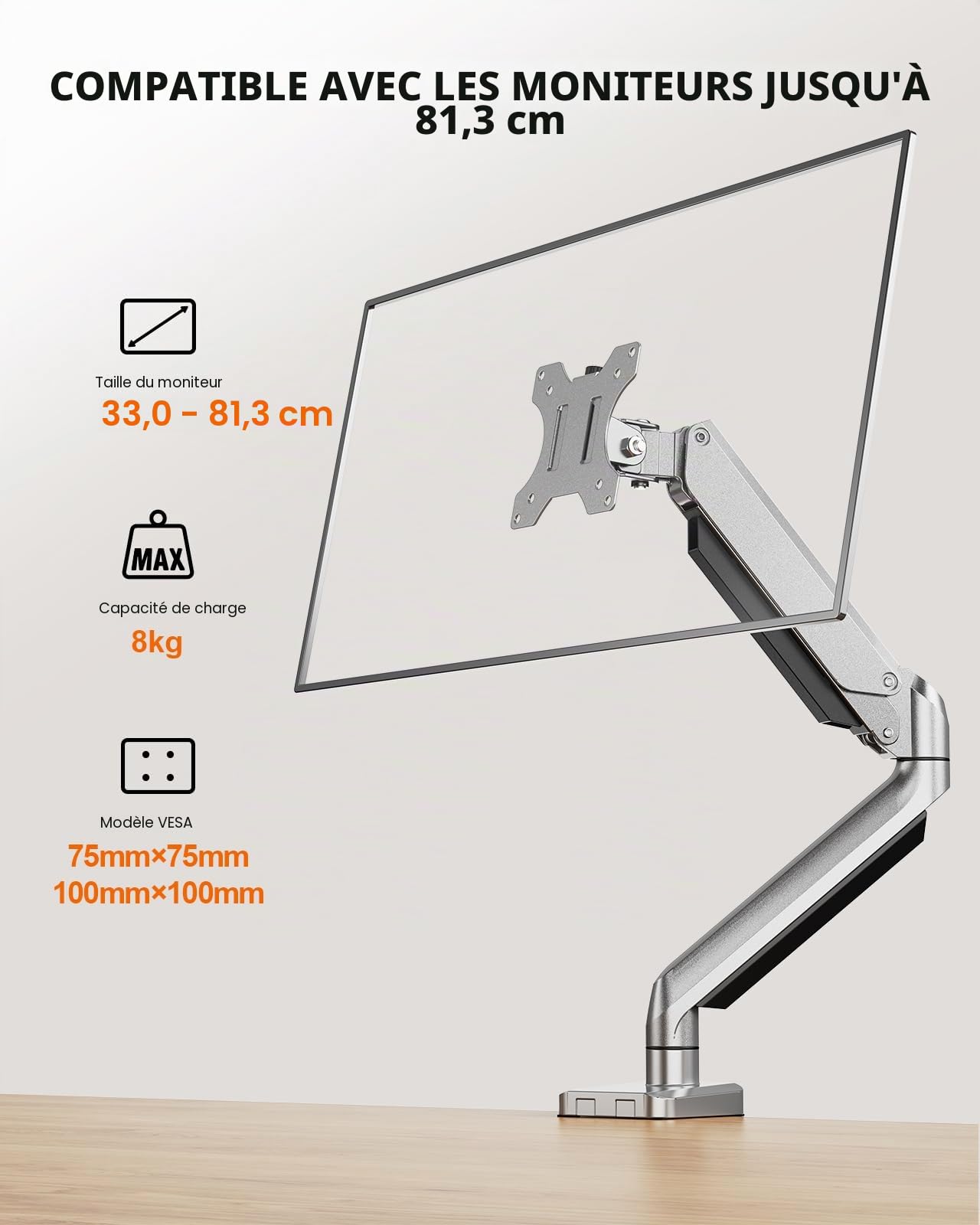 ErGear bras support écran PC 13-32" argent réglable gaz