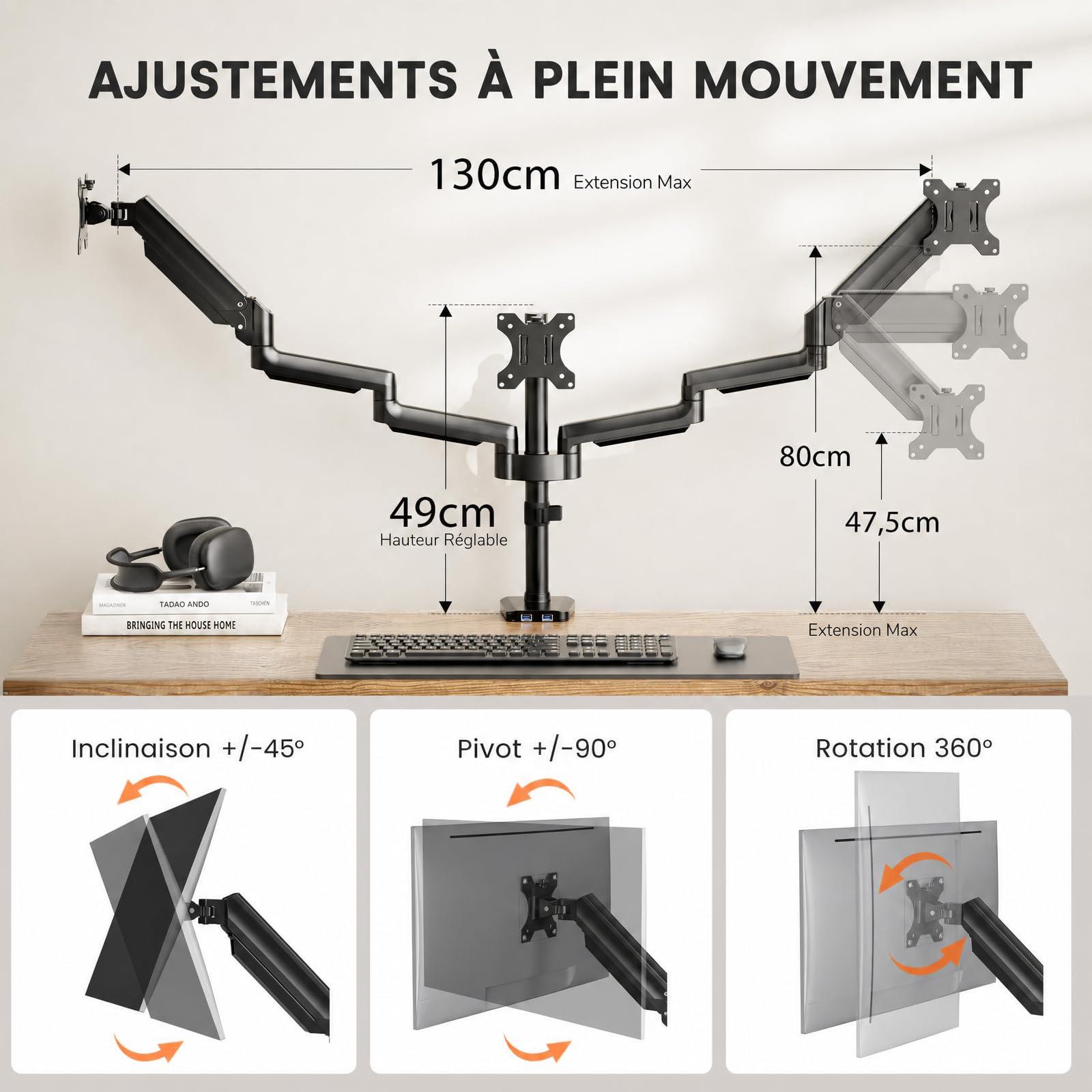 ErGear Monitor Mounts support 3 écrans 13-27" USB VESA